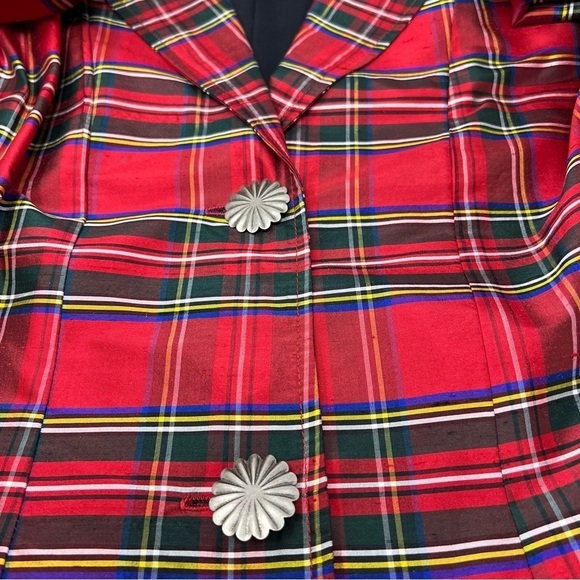 Vintage Painted Pony Red Tartan Plaid Silk Cropped Blazer Chunky Buttons Size 12 - Picture 16 of 16